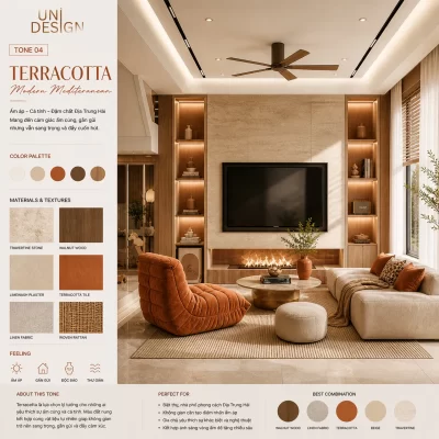 Màu Terracotta kết hợp cùng cây xanh tạo nên không gian có chiều sâu và cá tính.