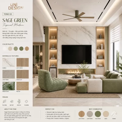 Màu Sage Green mang lại cảm giác thư giãn và giảm nhiệt hiệu quả cho không gian sống.