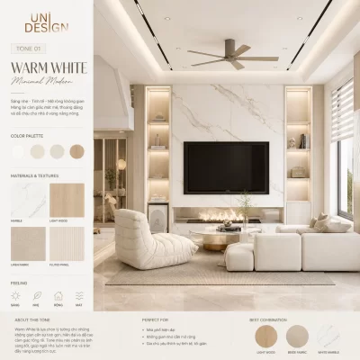 Bảng màu nội thất giảm nhiệt với tone Warm White giúp tán xạ ánh sáng hiệu quả.