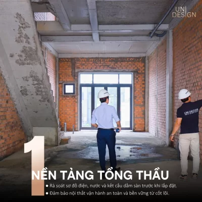 Đội ngũ Uni Design khảo sát kỹ hệ thống điện nước trước khi thi công nội thất theo bản vẽ.