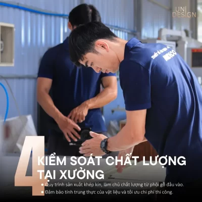Xưởng thi công nội thất trực tiếp của Uni Design kiểm soát chặt chẽ chất lượng vật liệu gỗ An Cường.