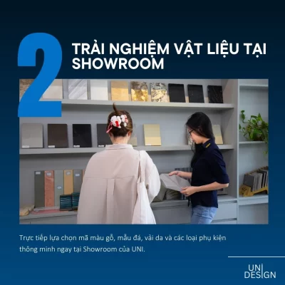 Trực tiếp trải nghiệm và lựa chọn mẫu gỗ, đá và phụ kiện tại showroom Uni Design.