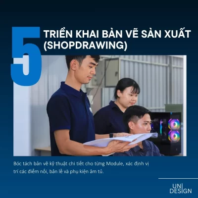 Triển khai bản vẽ sản xuất Shopdrawing chi tiết cho từng module tủ kệ nội thất.