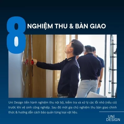 Tiến hành nghiệm thu nội bộ và bàn giao căn hộ hoàn thiện cùng hướng dẫn bảo quản cho gia chủ.